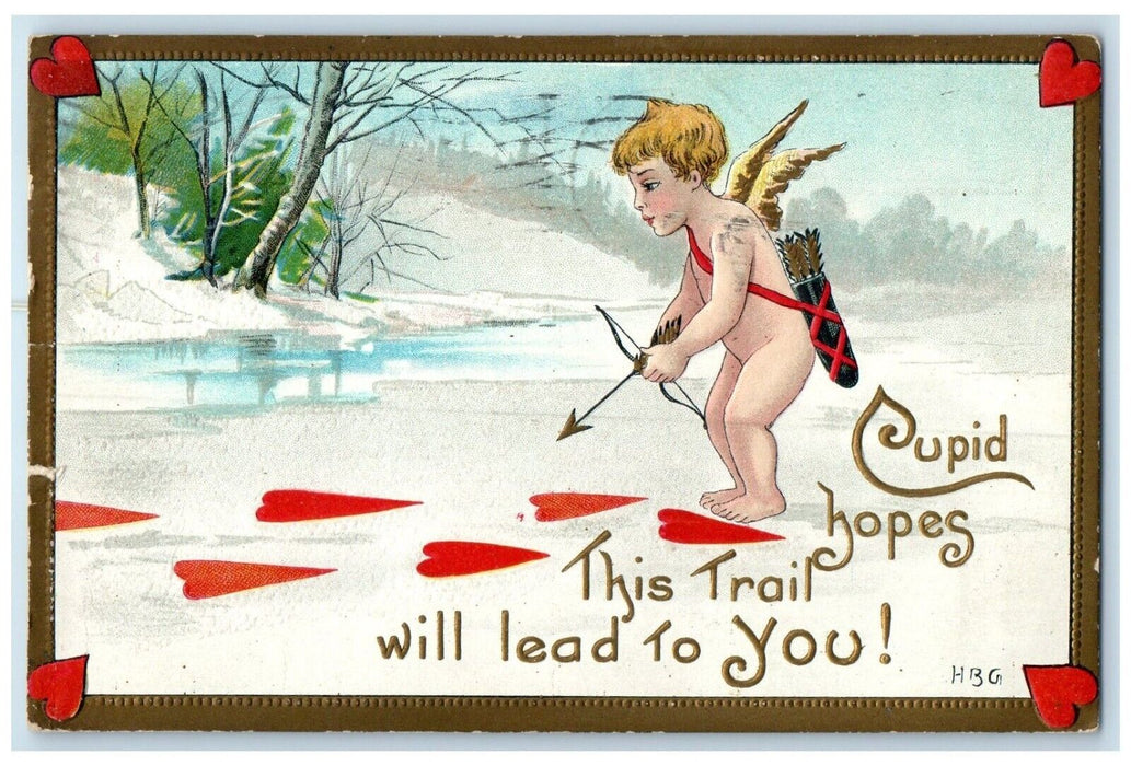 1911 Valentine Cupid Angel With Bow And Arrow Hearts Ludington MI HBG Postcard
