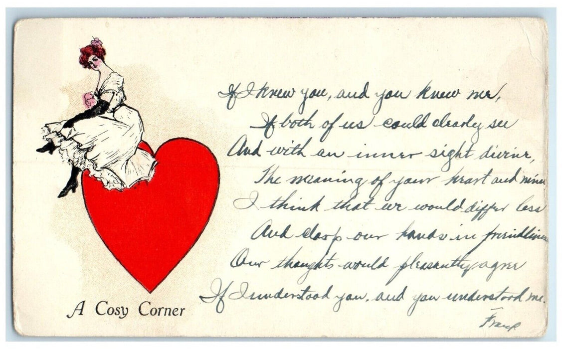 c1910's Valentine Pretty Woman On Top Of Heart A Cosy Corner Embossed Postcard