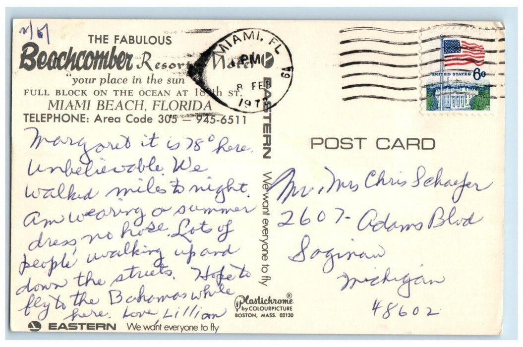 1972 Exterior View Beachcomber Resort Night Scene Miami Beach Florida Postcard