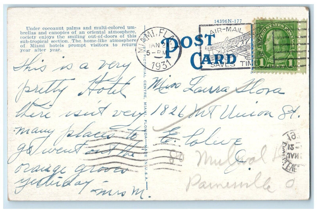1931 Scenic View Tea Dance Roney Plaza Hotel Miami Beach Florida Posted Postcard