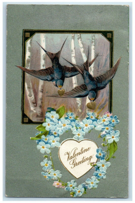 1908 Valentine Greeting Flowers Birds Winsch Back Cold Water MI Antique Postcard
