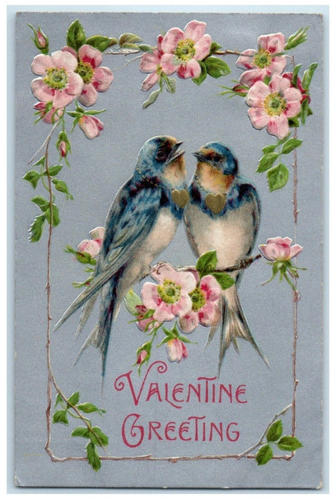 1908 Valentine Greetings Song Birds Flowers Winsch Back Embossed Posted Postcard