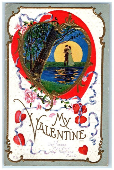 1913 Valentine Big Heart Sweet Couple Kissing Roses Flowers Embossed Postcard