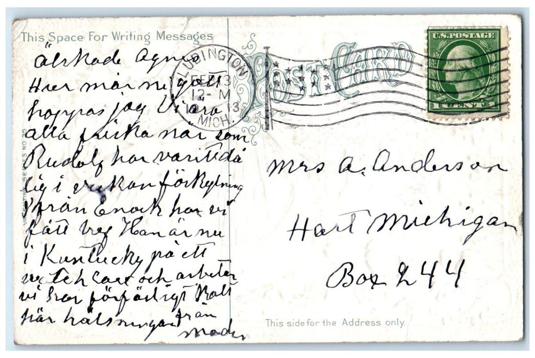 1913 Valentine Big Heart Sweet Couple Kissing Roses Flowers Embossed Postcard