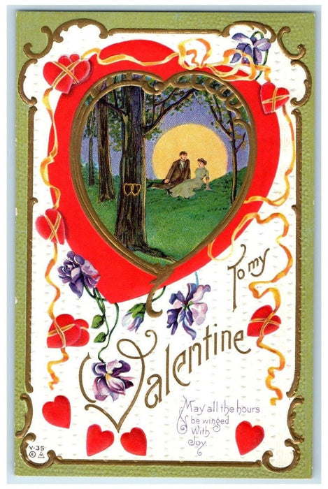 c1910's Valentine Big Heart Couple Romance Purple Flowers Embossed Postcard