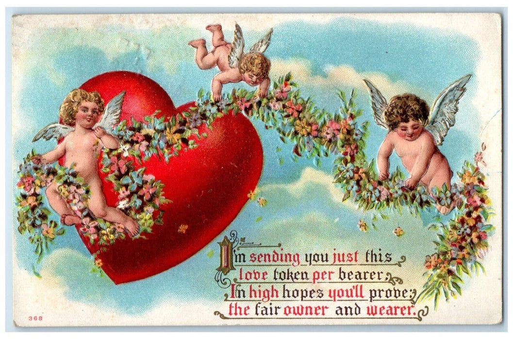 1913 Valentine Angels Big Heart Flowers Embossed Scottville MI Embossed Postcard