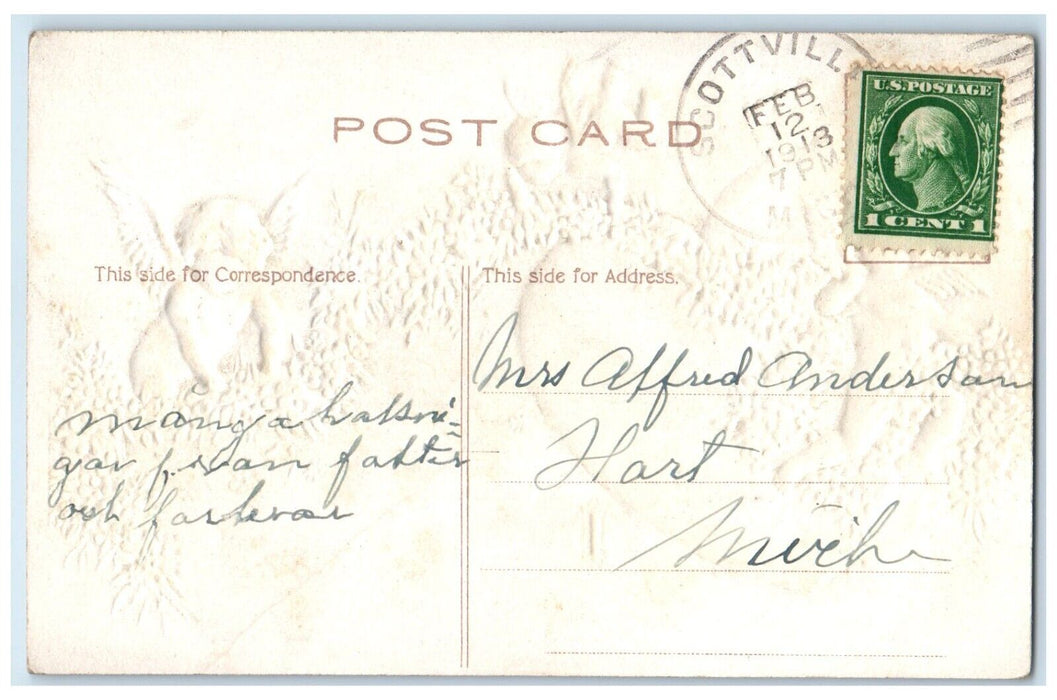 1913 Valentine Angels Big Heart Flowers Embossed Scottville MI Embossed Postcard