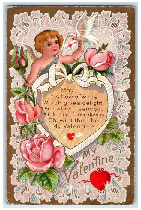 c1910's Valentine Heart Cupid Angel Pink Flowers Embossed Hart MI Postcard