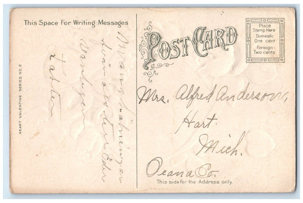 c1910's Valentine Heart Cupid Angel Pink Flowers Embossed Hart MI Postcard