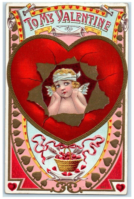 1910 Valentine Angel In A Big Heart Embossed Grand Rapids Michigan MI Postcard