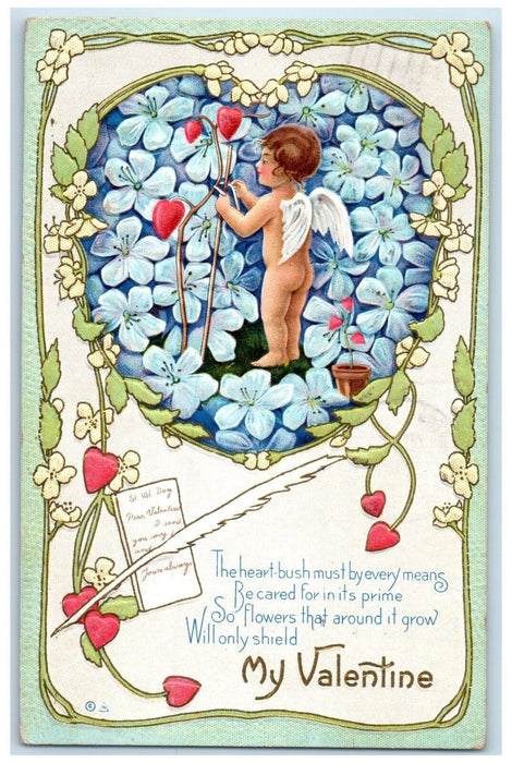 1913 Valentine Cupid Angel Flowers Heart Embossed Ludington MI Nash Postcard