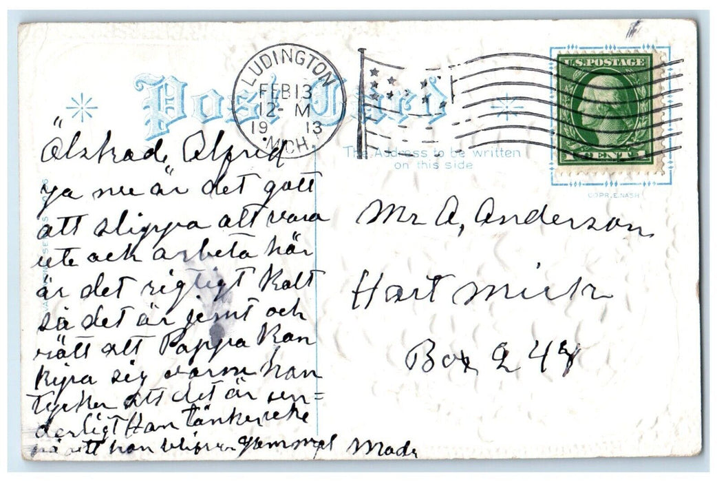 1913 Valentine Cupid Angel Flowers Heart Embossed Ludington MI Nash Postcard