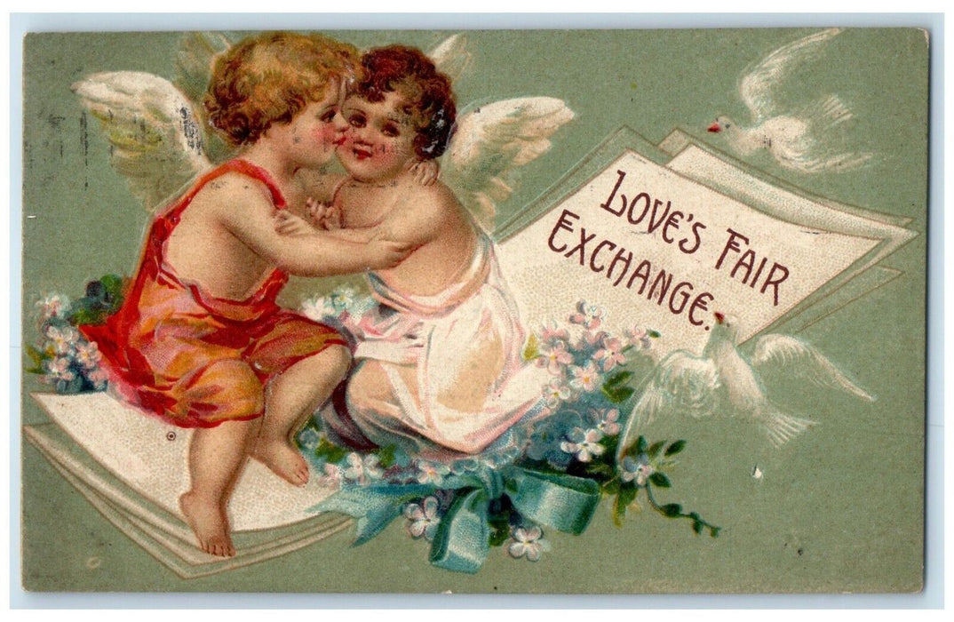 1910 Valentine Angels Kissing Pansies Flowers Embossed Hart MI Antique Postcard