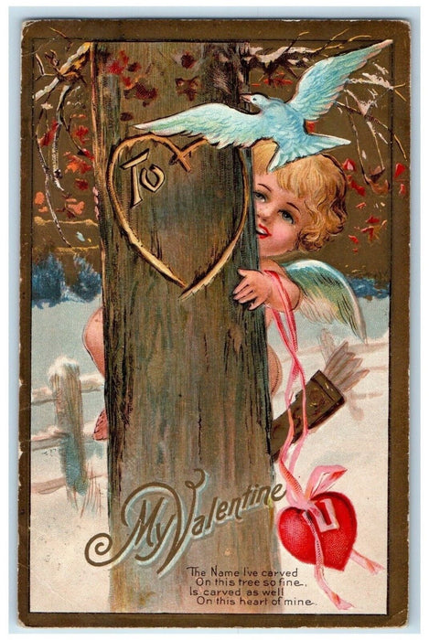 1909 Valentine Cupid Angel Heart Engraved In Winter Scottville MI Postcard