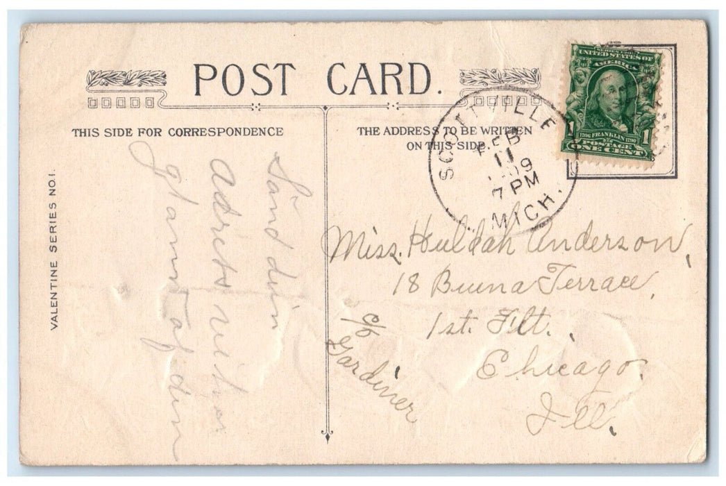 1909 Valentine Cupid Angel Heart Engraved In Winter Scottville MI Postcard
