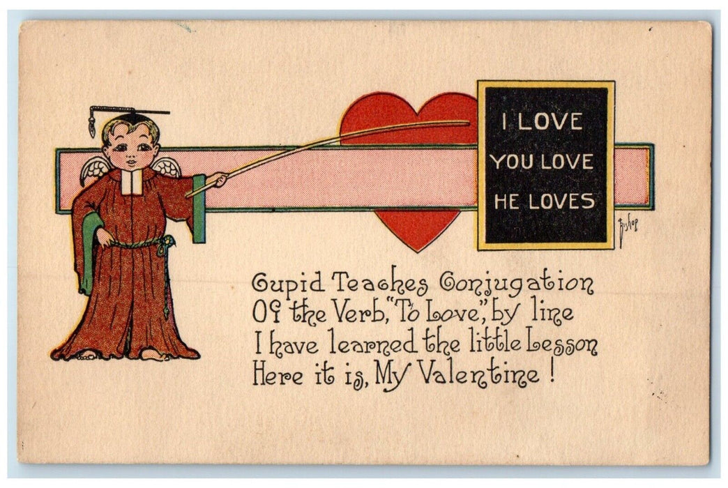 c1910's Valentine Cupid Teaches Conjugation Of The Verb Bishop Antique Postcard