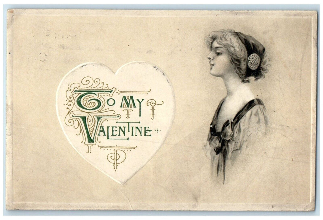 1913 Valentine Heart Pretty Woman Winsch Back Embossed Chicago IL Postcard