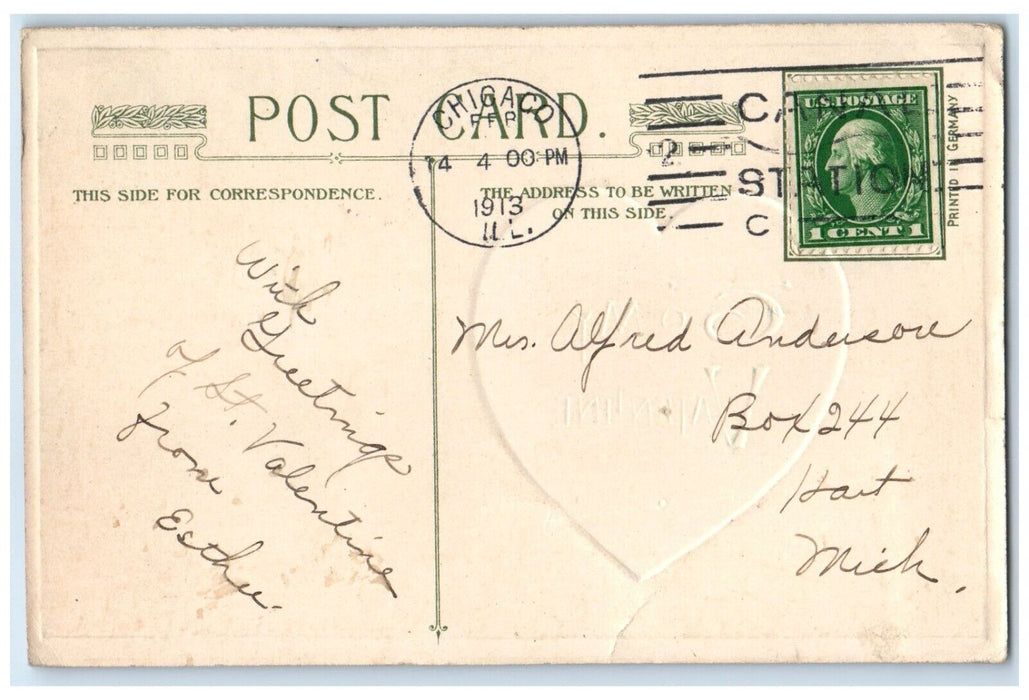 1913 Valentine Heart Pretty Woman Winsch Back Embossed Chicago IL Postcard
