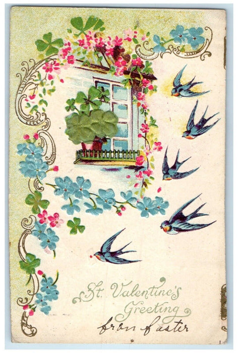 c1905 Valentine Greetings Birds Flowers Shamrock Embossed Hart MI Postcard