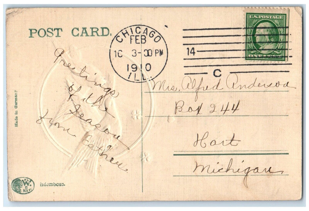 1910 Valentine Birds Delivering Letter Embossed Chicago Illinois IL Postcard