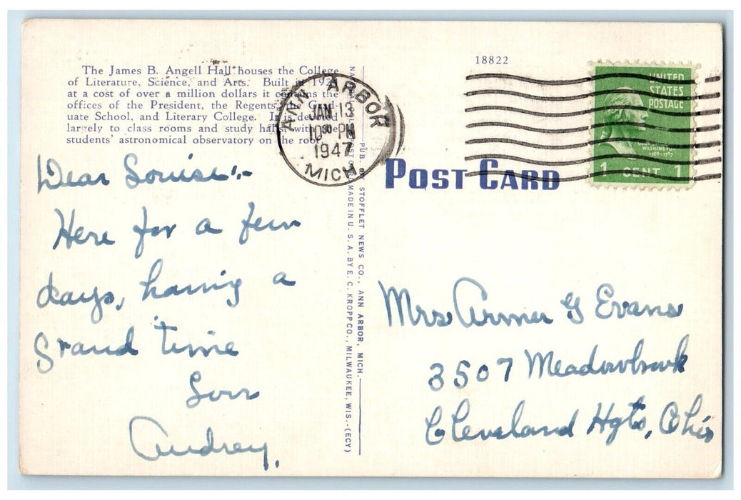 1947 James Angell Hall University Michigan Exterior Ann Arbor Michigan Postcard