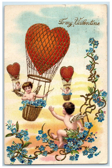 1909 Valentine Angels Heart Hot Air Balloon Flowers Embossed Chicago IL Postcard
