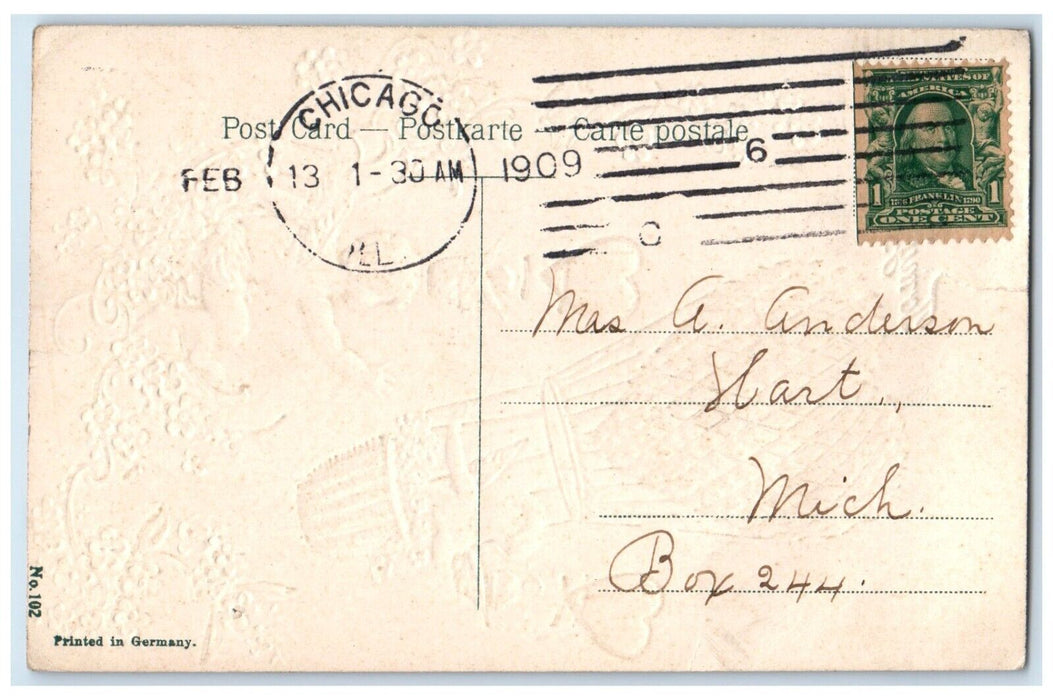 1909 Valentine Angels Heart Hot Air Balloon Flowers Embossed Chicago IL Postcard