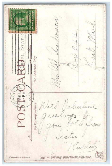 1912 Valentine Cupid Angel Hearts Chicago Illinois IL Posted Antique Postcard