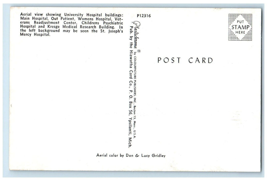 c1960 Aerial View University Hospital Buildings Center St. Joseph Mercy Postcard