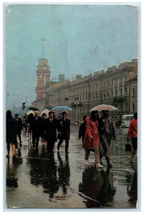 c1950's Raining at Leningrad Nevsky Avenue Saint Petersburg Russia Postcard