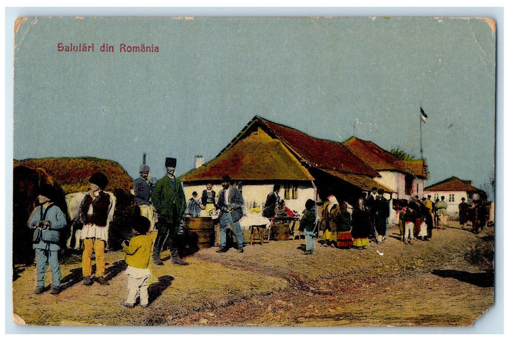 1921 Scene at the Market Houses Greetings from Romania Antique Postcard