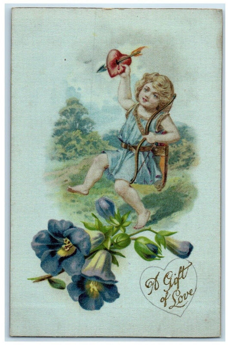 1909 Valentine Cupid Angel Heart Flowers Grand Rapids Michigan MI Silk Postcard