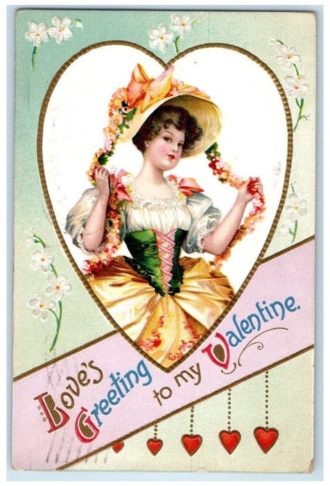 1911 Valentine Greeting Pretty Woman Big Hat Heart Flowers Ludington MI Postcard