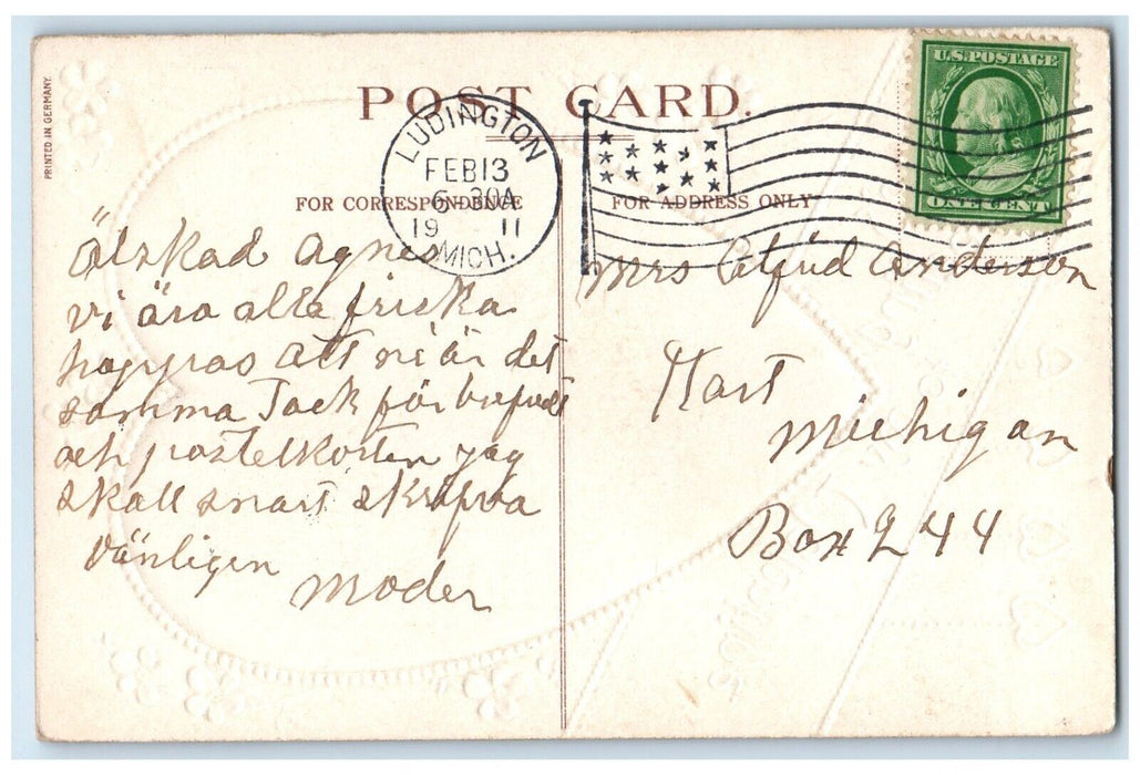 1911 Valentine Greeting Pretty Woman Big Hat Heart Flowers Ludington MI Postcard