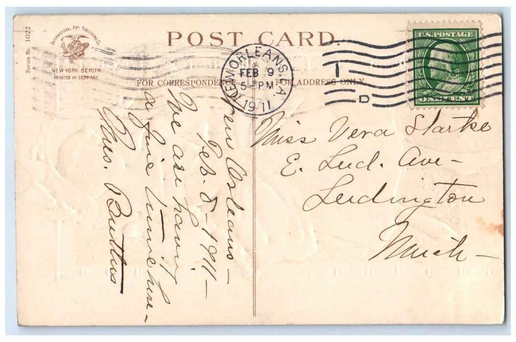 1911 Valentine Pretty Woman Big Hat Flowers Clapsaddle New Orleans LA Postcard