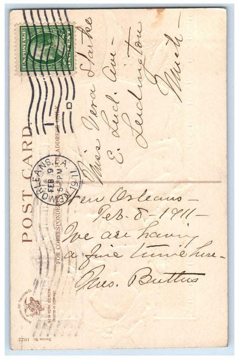 1911 Valentine Pretty Woman Big Hat Flowers Clapsaddle New Orleans LA Postcard