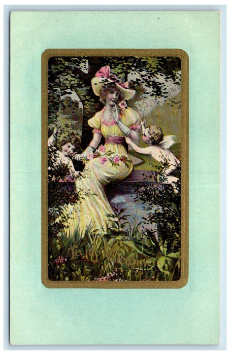 c1910's Valentine Pretty Woman Big Hat Flowers Angels Posted Antique Postcard
