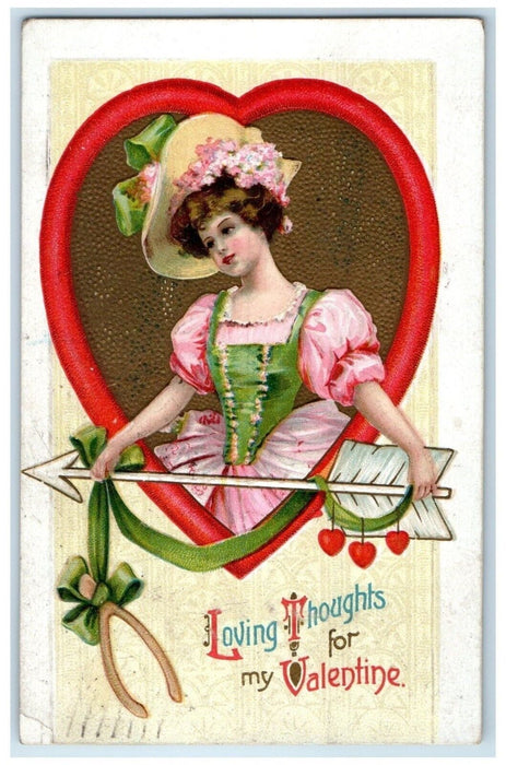 1911 Valentine Pretty Woman Flowers Hat Big Heart Ludington Michigan MI Postcard