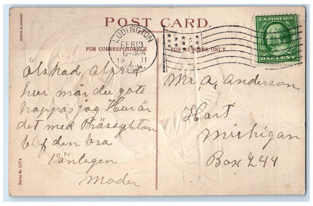 1911 Valentine Pretty Woman Flowers Hat Big Heart Ludington Michigan MI Postcard