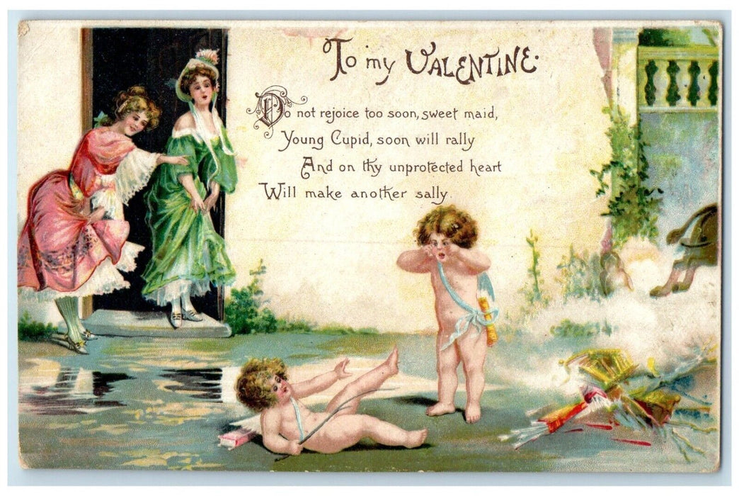 1909 Valentine Pretty Women Little Cupid Angel Fighting Clapsaddle Postcard