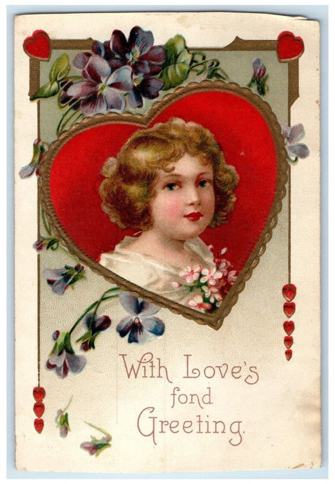 1910 Valentine Greeting Little Girl Heart Pansies Flowers Clapsaddle Postcard