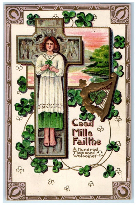 c1910's St. Patrick's Woman On Cross Shamrock Harp Horseshoe Embossed Postcard