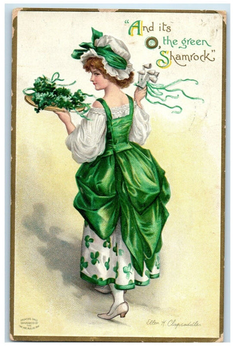 1911 St. Patrick's Pretty Woman Shamrock Pipes Ellen Clapsaddle Antique Postcard