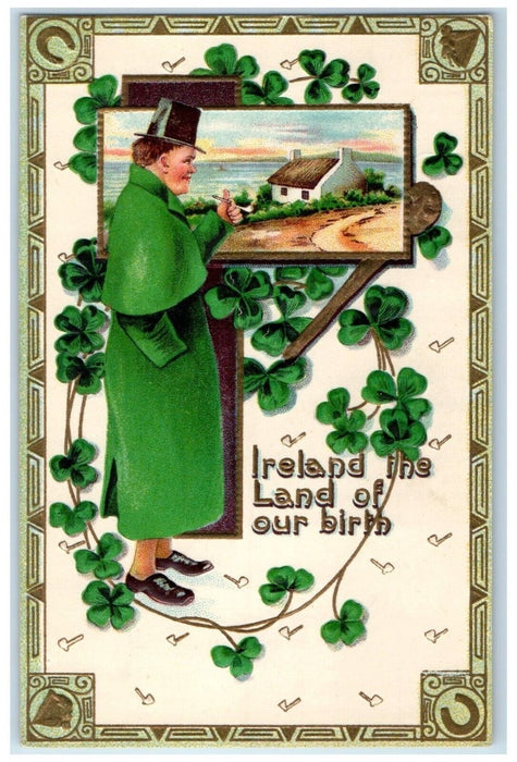 c1910's St. Patrick's Man Pipe Shamrocks Horseshoe Embossed Antique Postcard