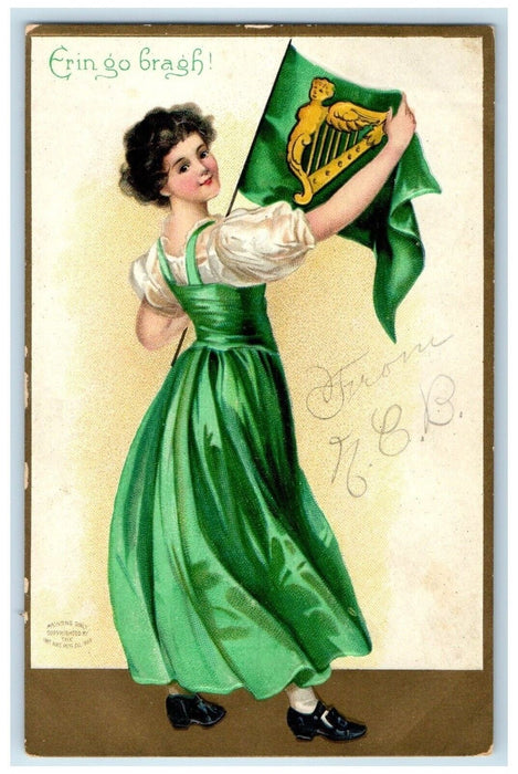 c1910's St. Patrick's Pretty Woman Holding Flag Embossed Clapsaddle Postcard