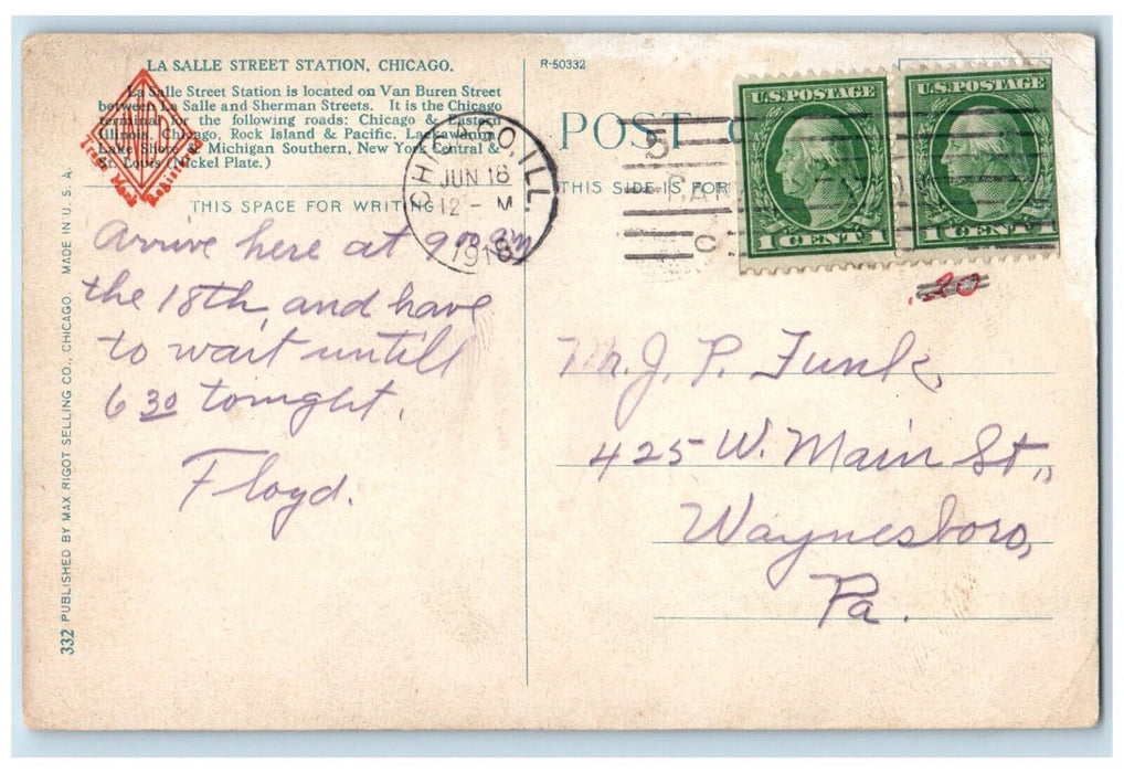 1918 La Salle Street Station Van Buren Street Exterior Chicago Illinois Postcard