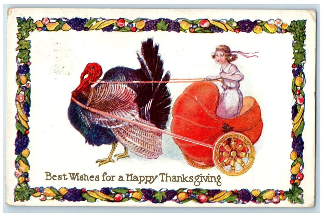 1939 Thanksgiving Turkey Pulling Pumpkin Cart Embossed Dubuque IA Postcard