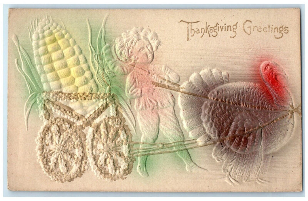 c1910's Thanksgiving Greetings Turkey Pulling Cart With Corn Airbrushed Postcard