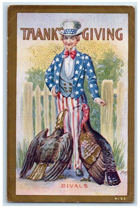 c1910's Thanksgiving Uncle Sam And Turkey Rivals Posted Antique Postcard