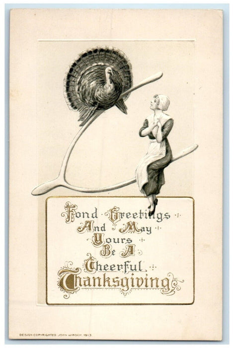 c1910's Thanksgiving Greetings Woman Sat On Wishbone Turkey Embossed Postcard